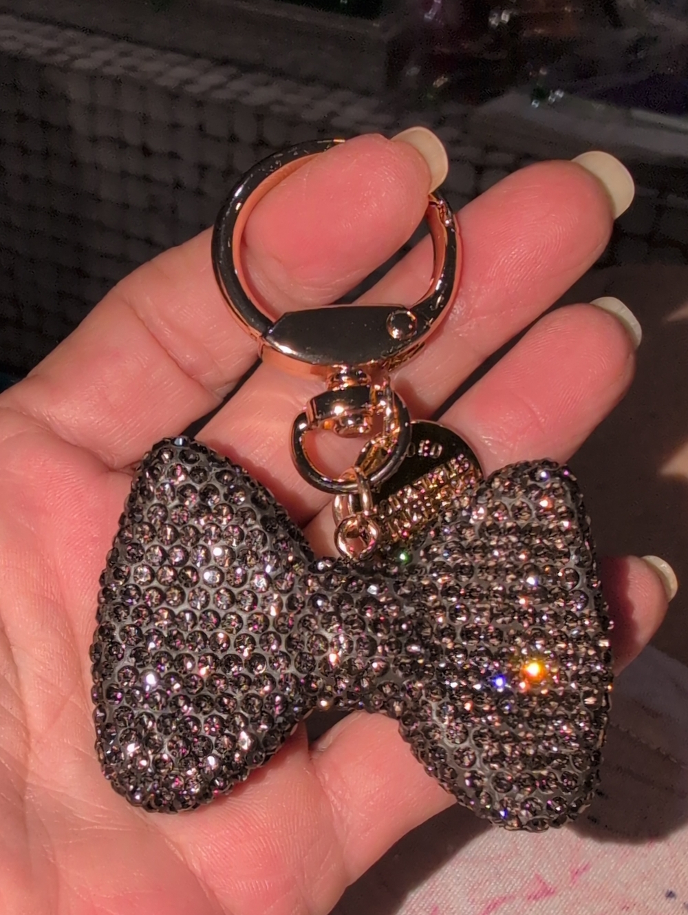 Black Crystal Bow Keyring Bag Charm with Gold Hardware